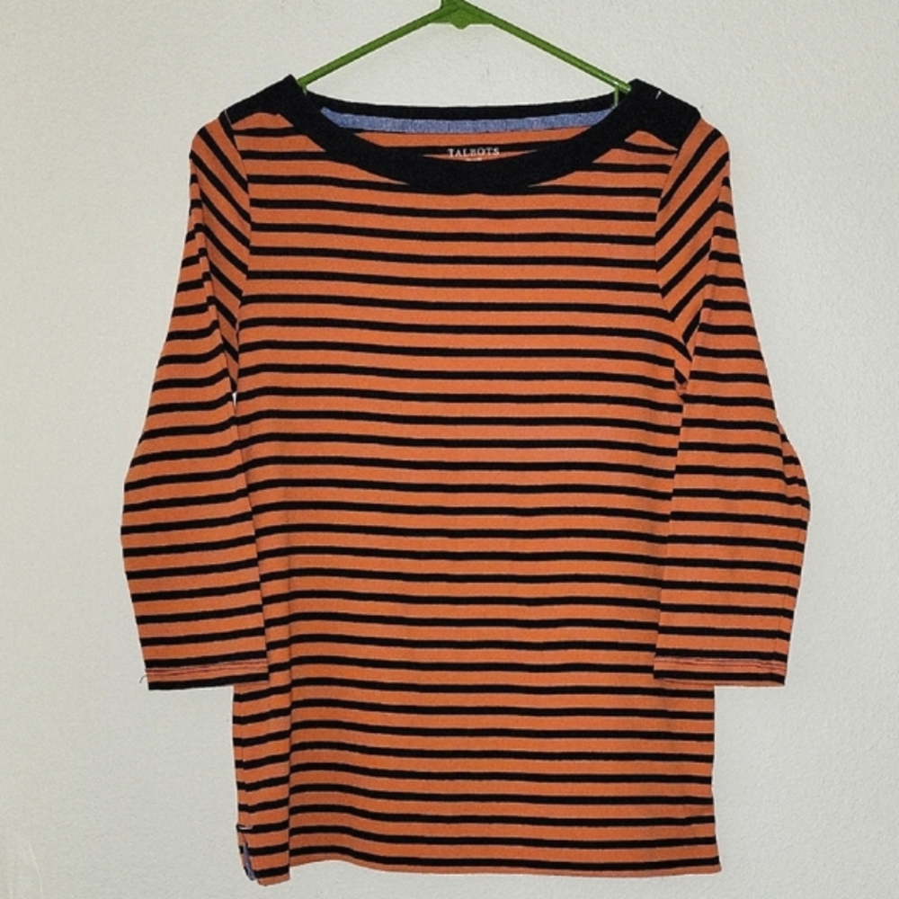 Talbots Black and Orange Striped Bateau Neck, 3/4 Sleeve, Mp, EUC